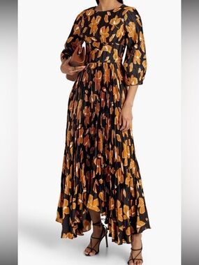 Black & Mustard Floral Pleated Maxi Dress